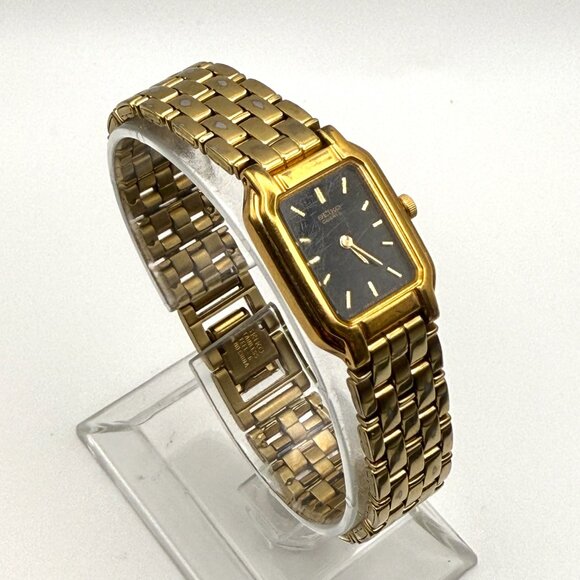 Vintage Seiko Rectangular Gold Black tones Petite Ladies Watch Working main image 9